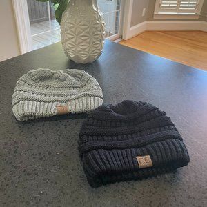 C.C Women's BeanieTail Soft Stretch Cable Knit High Bun Ponytail Beanie Hats